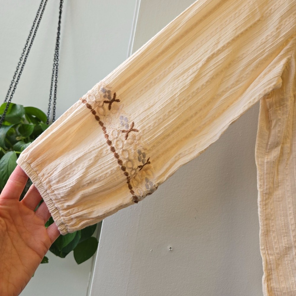 Solitaire S Cream Beige Cotton Embroidered Blouse‎ Puff Sleeves Floral Details - Picture 6 of 9